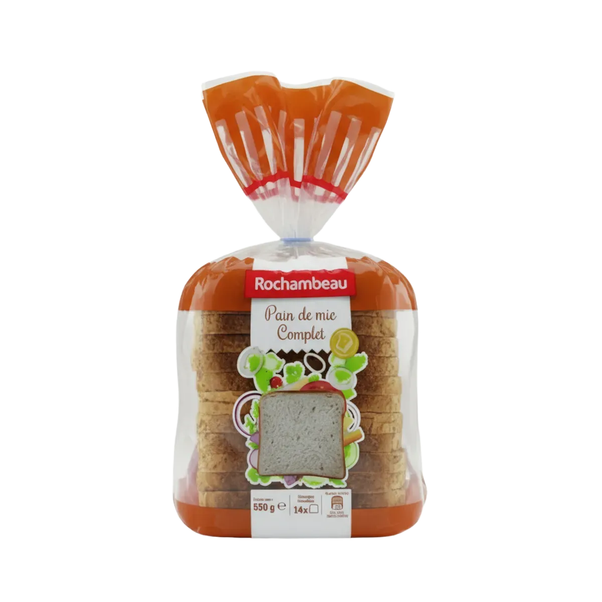 Pain complet Rochambeau 100% blé intégral en sachet de 550g, idéal pour une alimentation saine et riche en fibres. Produit de boulangerie nutritif.